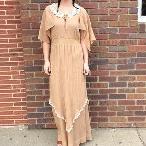 70s Hippie Maxi Dress Long Tan Lace S 9